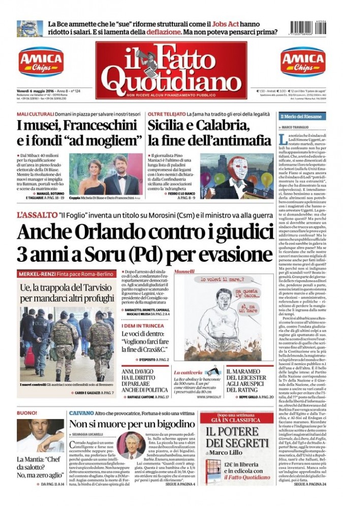 Copertina di venerdì 6 maggio 2016