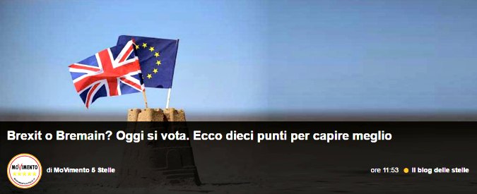Brexit, blog di Grillo: “Restare nell’Unione Europea per trasformarla dall’interno”