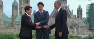 Copertina di Vertice ‘Three Amigos’ tra Obama,Trudeau e Nieto: la stretta di mano è comica
