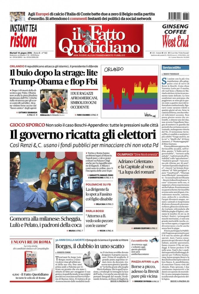 Copertina di martedì 14 giugno 2016