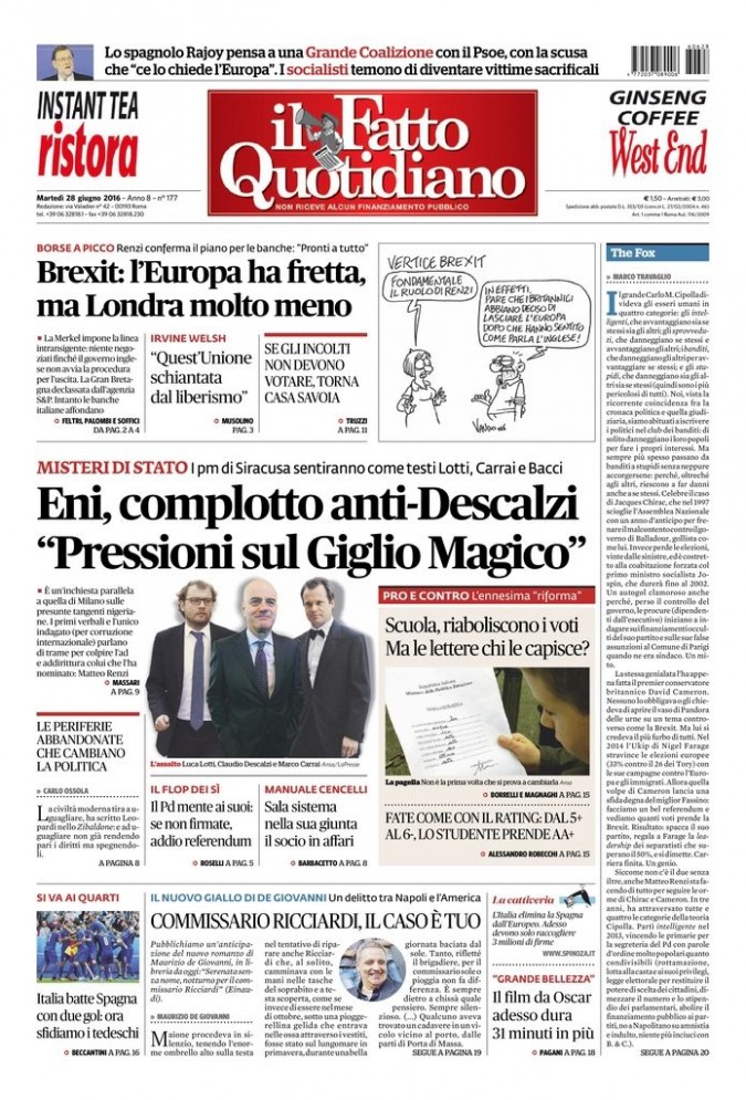 Copertina di martedì 28 giugno 2016