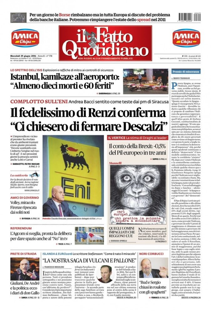 Copertina di mercoledì 29 giugno 2016