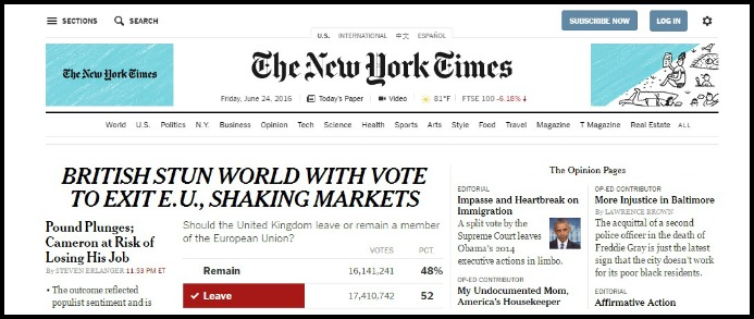 Copertina di Brexit, Nyt: “Regno Unito diventerà piccolo e xenofobo?”. Wsj: “Usa temono colpo all’economia”. La notizia sui siti mondiali