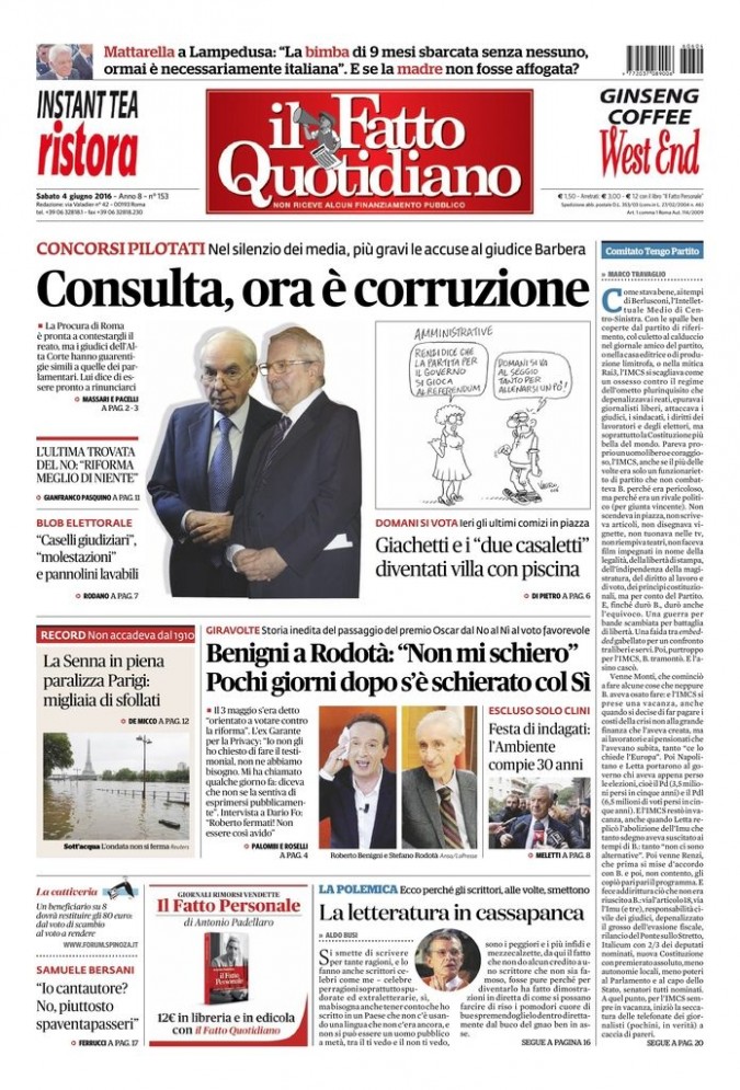 Copertina di sabato 4 giugno 2016