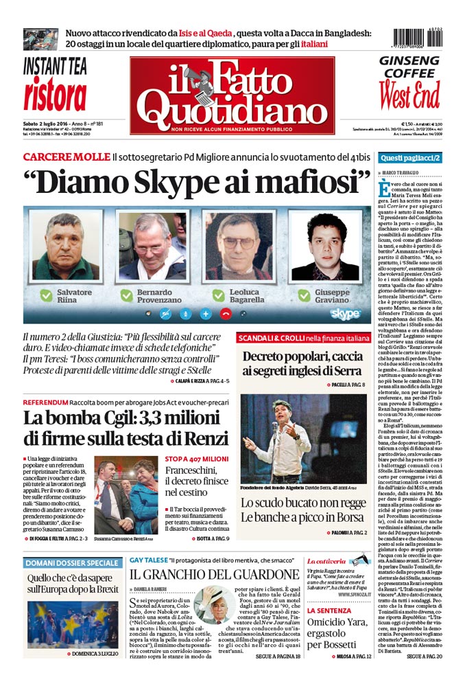 Prima Pagina Il Fatto Quotidiano - “Diamo Skype ai mafiosi”