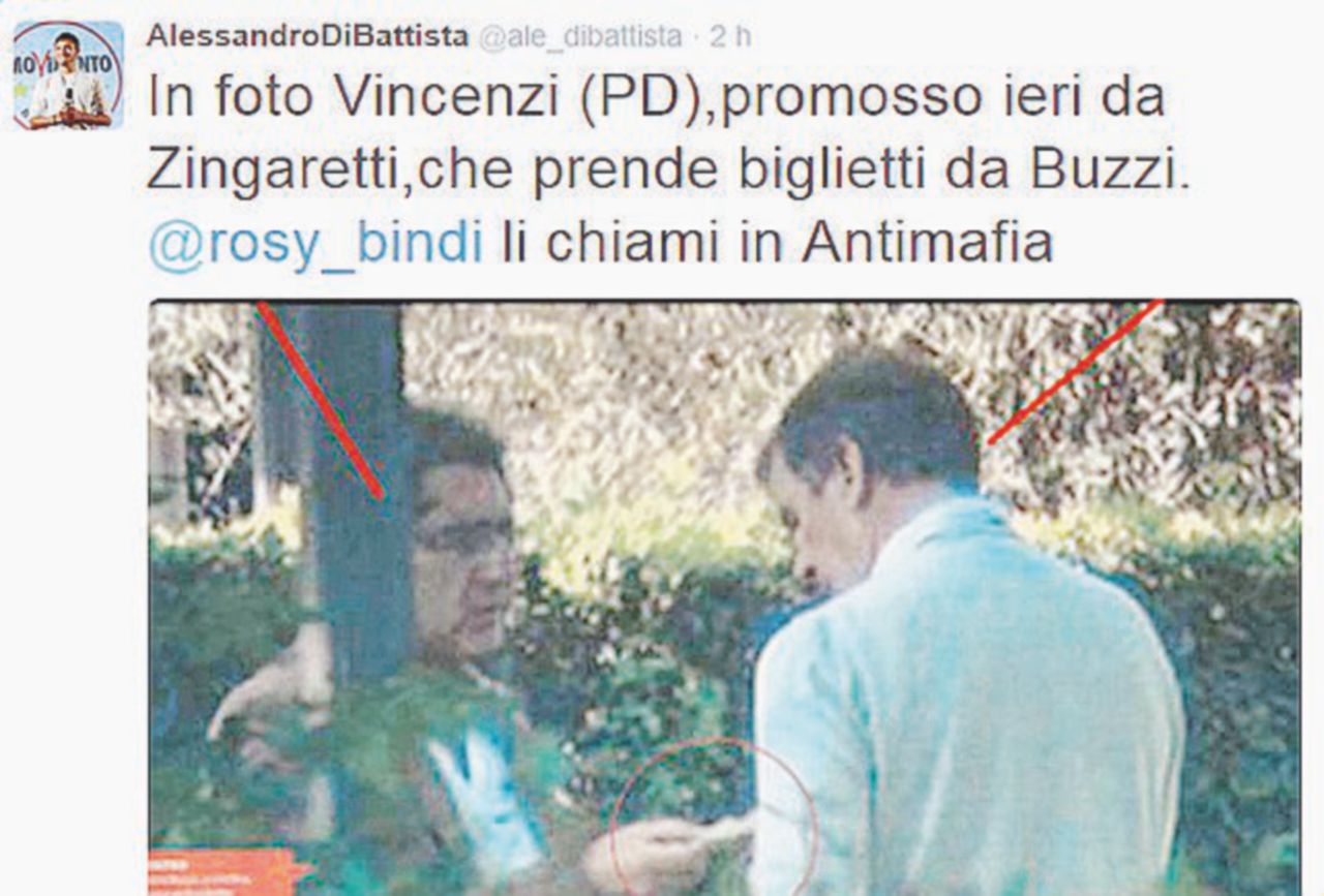 Il tweet - Alessandro Di Battista twitta una foto di Vincenzi e Buzzi: “Bindi li chiami in Antimafia” Mafia Capitale, Zingaretti perde i pezzi