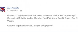 Puglia, serve sangue all’ospedale di Andria: gruppo sanguigno Zero