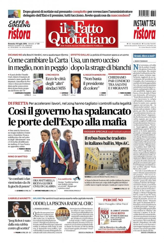 Copertina di domenica 10 luglio 2016