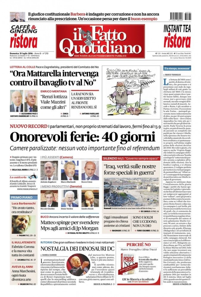 Copertina di domenica 31 luglio 2016