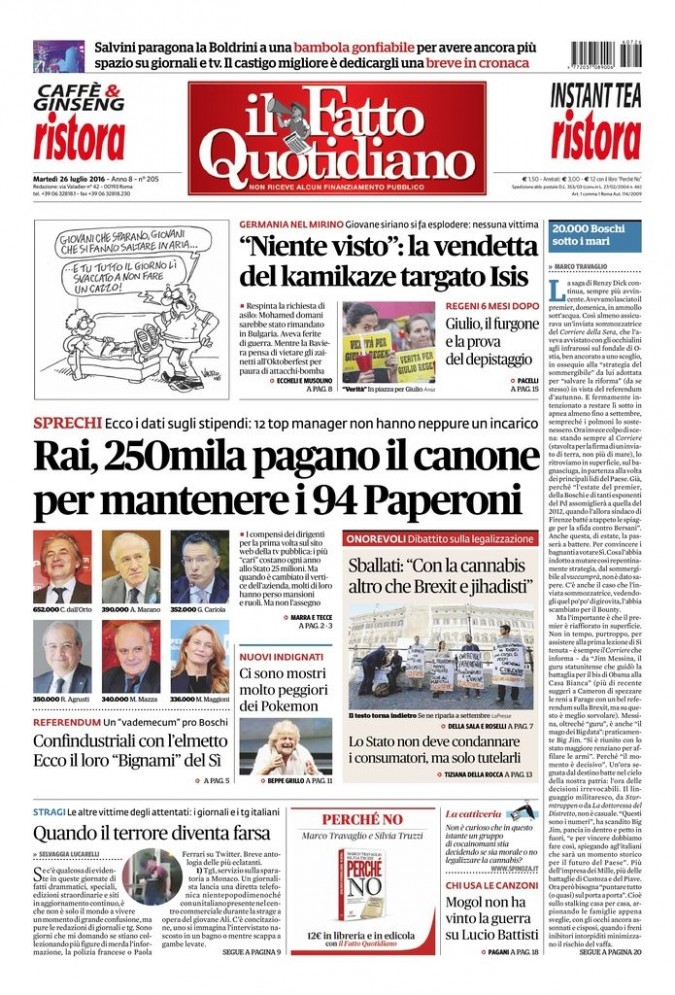 Copertina di martedì 26 luglio 2016