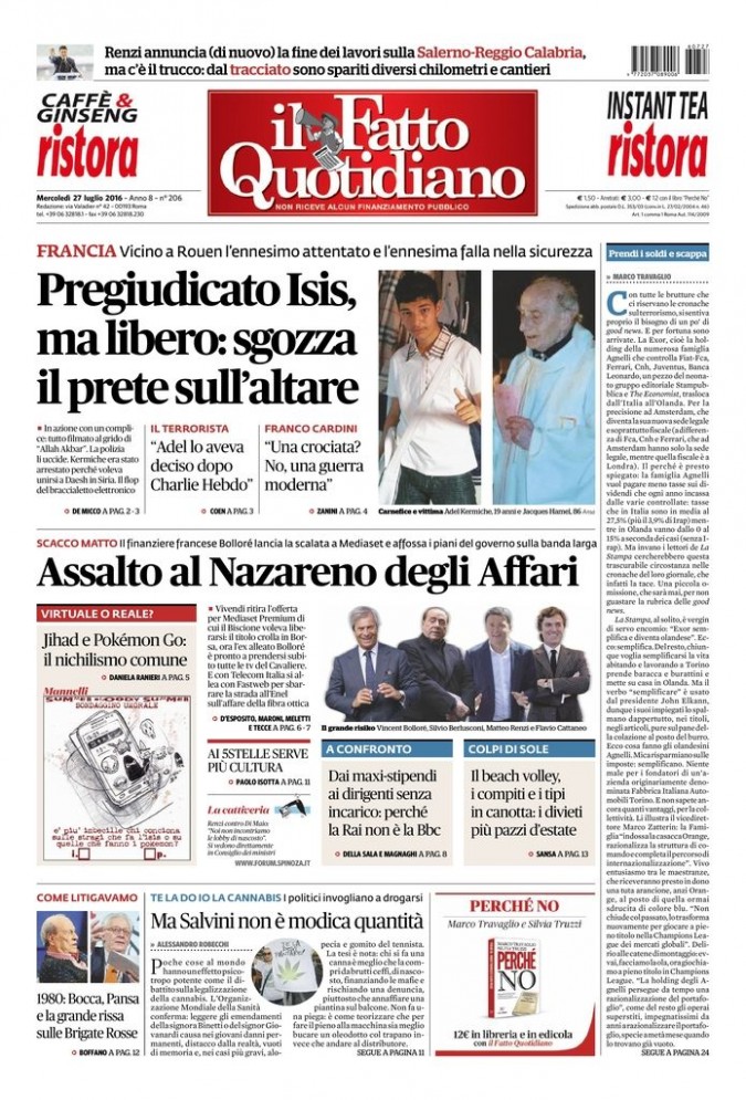 Copertina di mercoledì 27 luglio 2016