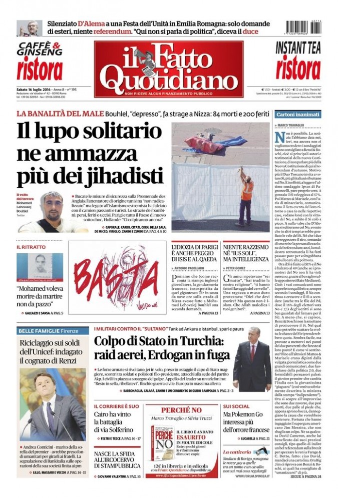 Copertina di sabato 16 luglio 2016