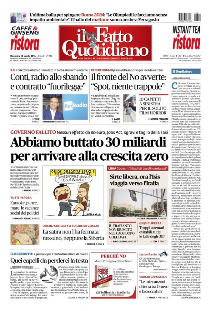 Copertina di domenica 14 agosto 2016