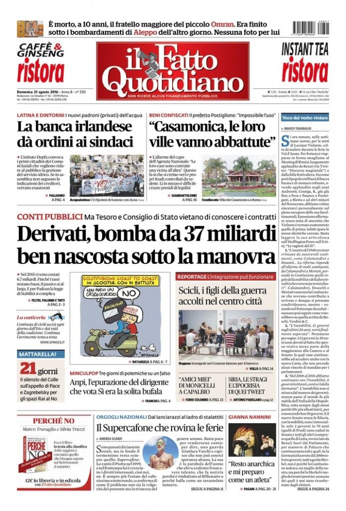 Copertina di domenica 21 agosto 2016