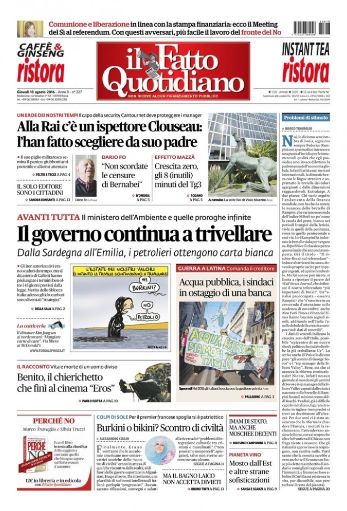 Copertina di giovedì 18 agosto 2016