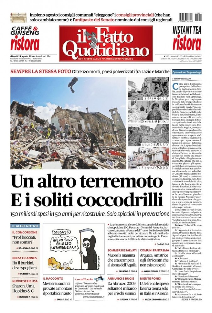 Copertina di giovedì 25 agosto 2016