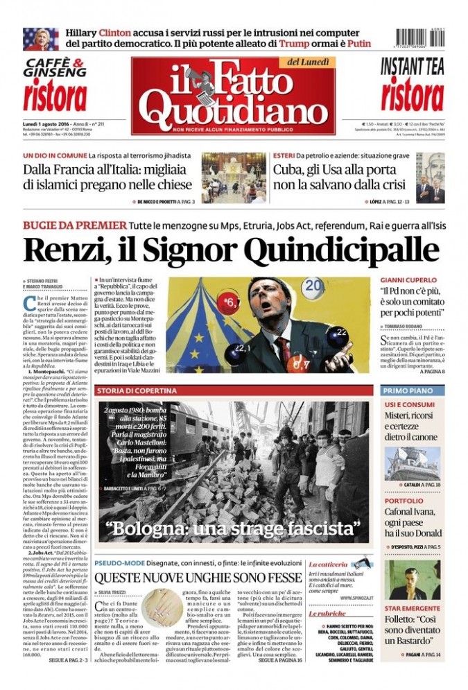 Copertina di lunedì 1 agosto 2016