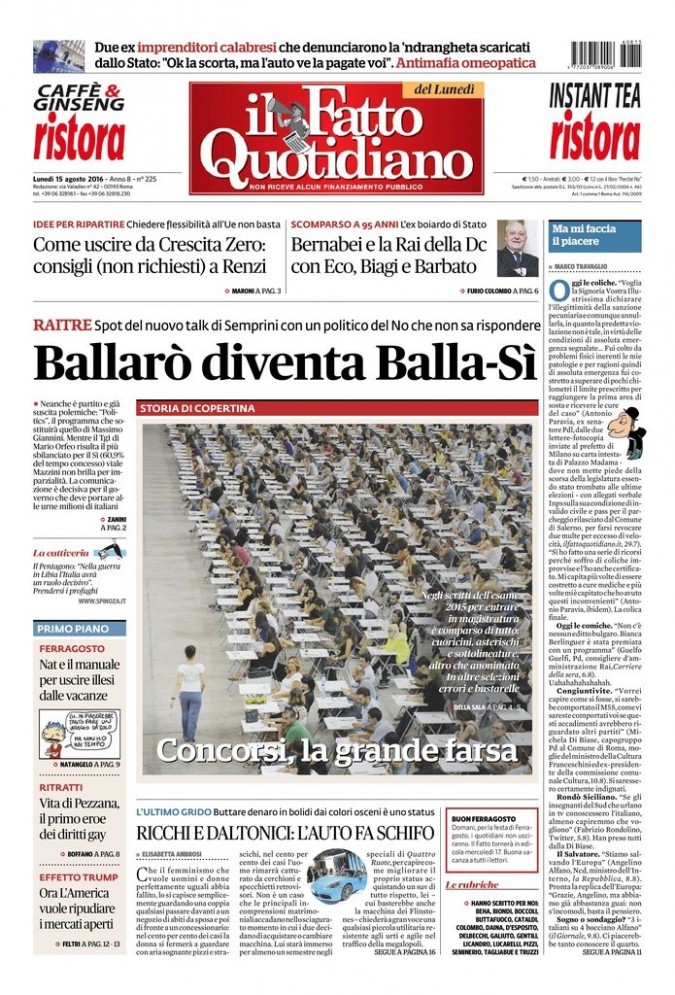 Copertina di lunedì 15 agosto 2016