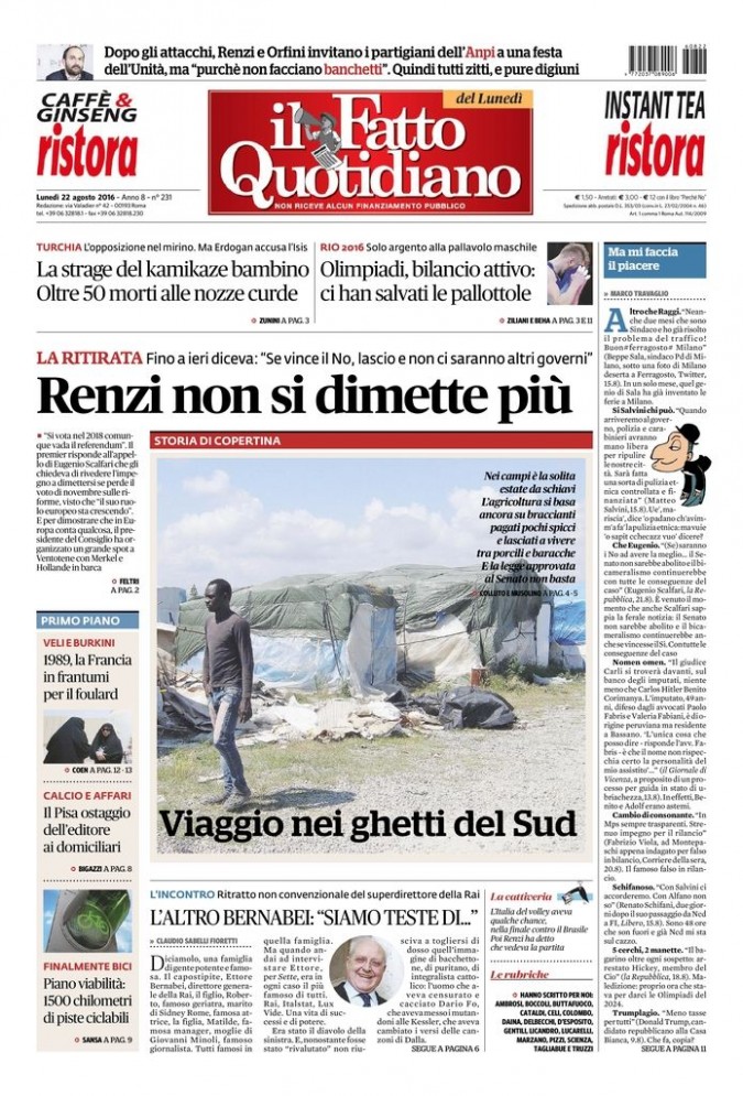 Copertina di lunedì 22 agosto 2016