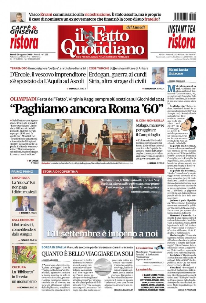 Copertina di lunedì 29 agosto 2016