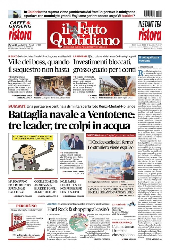 Copertina di martedì 23 agosto 2016