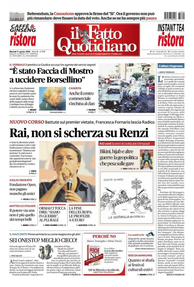 Copertina di martedì 9 agosto 2016