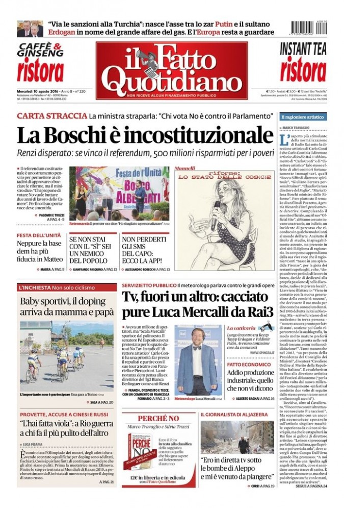 Copertina di mercoledì 10 agosto 2016