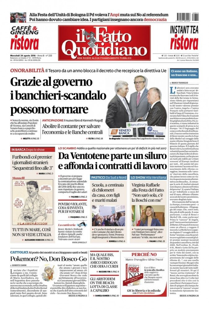 Copertina di mercoledì 24 agosto 2016