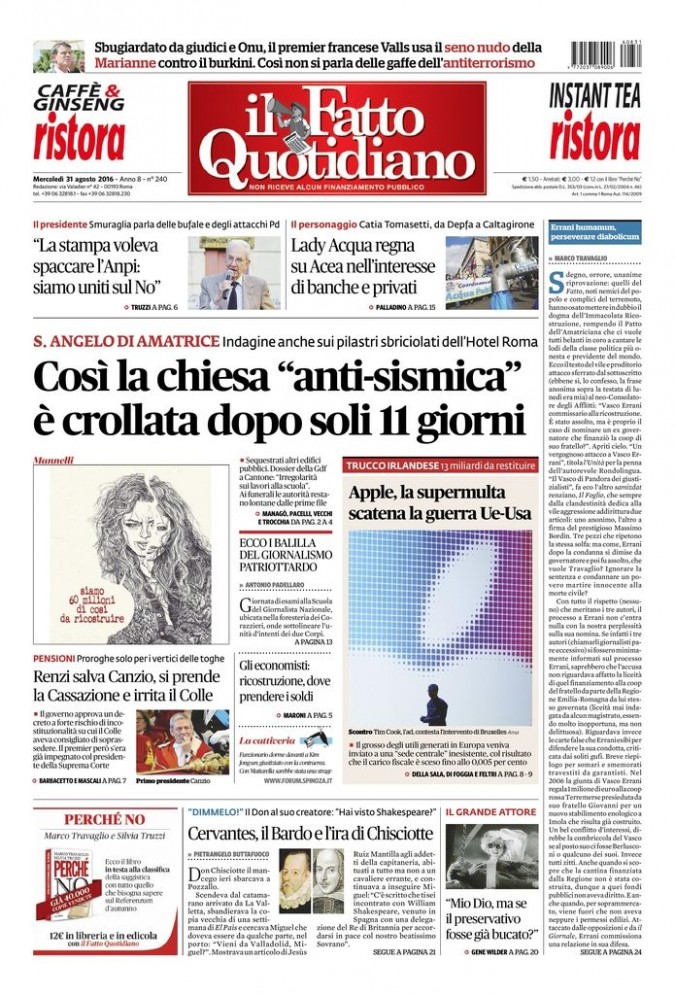 Copertina di mercoledì 31 agosto 2016