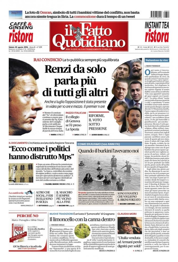 Copertina di sabato 20 agosto 2016