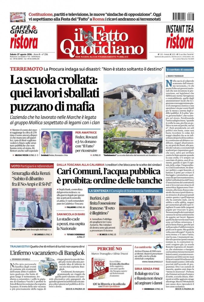 Copertina di sabato 27 agosto 2016