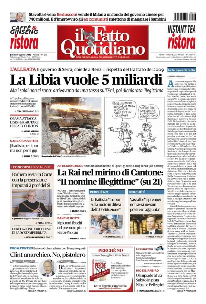 Copertina di sabato 6 agosto 2016