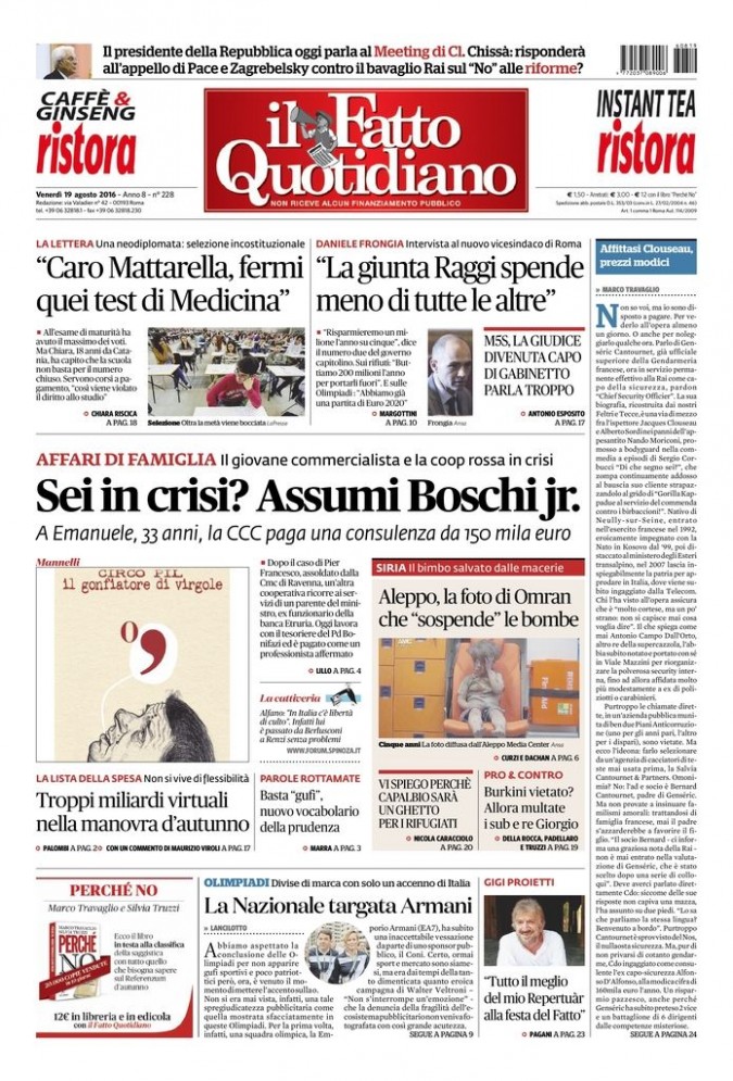 Copertina di venerdì 19 agosto 2016