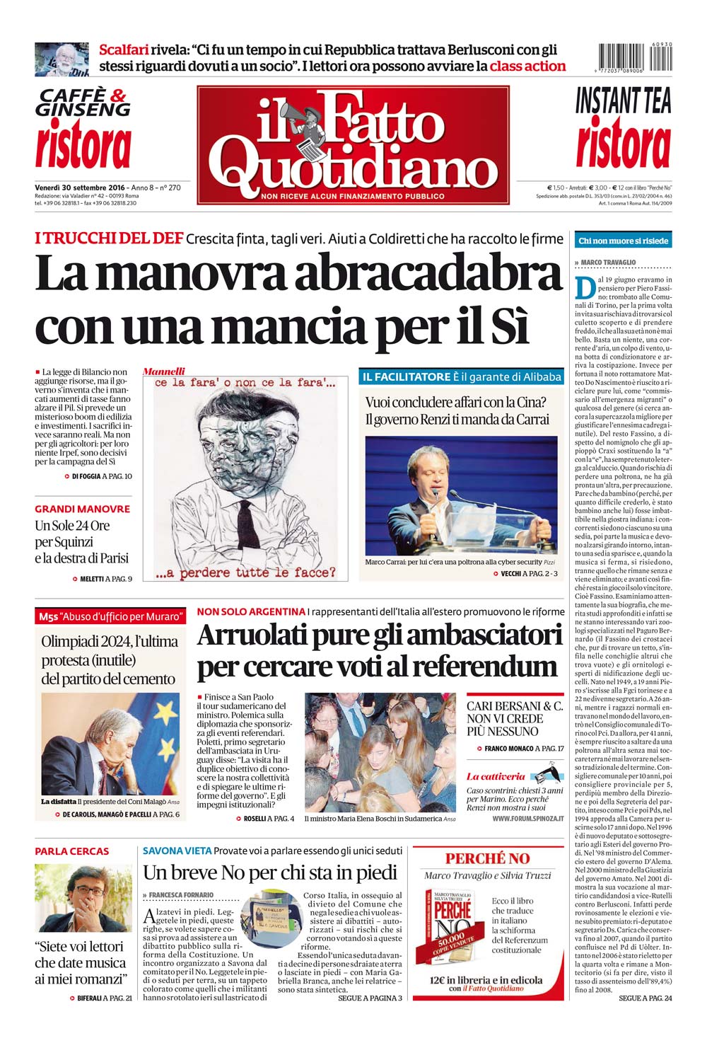 Prima Pagina Il Fatto Quotidiano - La manovra abracadabra con una mancia per il Sì