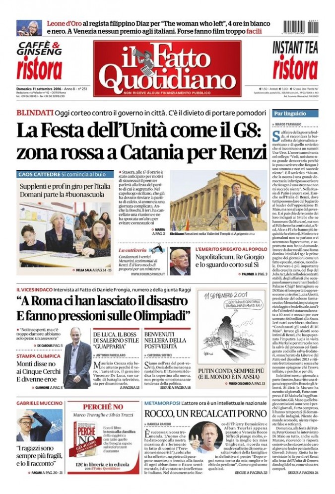 Copertina di domenica 11 settembre 2016