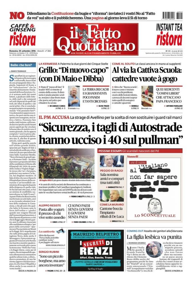 Copertina di domenica 25 settembre 2016