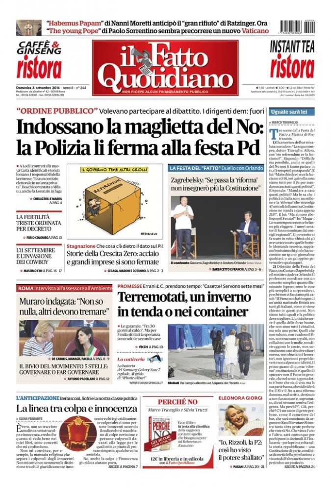 Copertina di domenica 4 settembre 2016