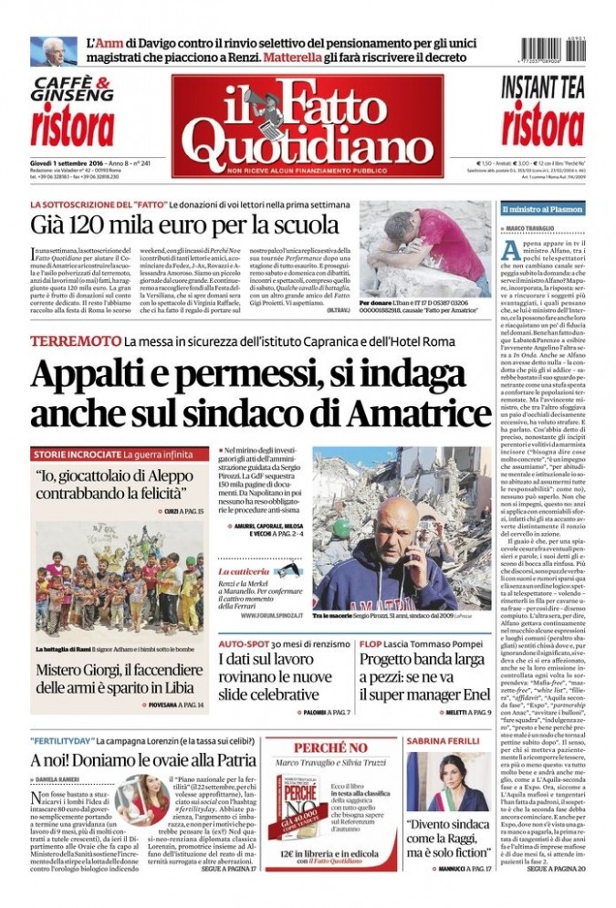 Copertina di giovedì 1 settembre 2016