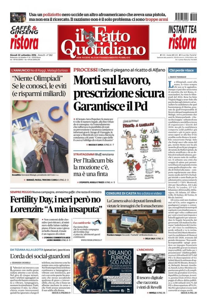 Copertina di giovedì 22 settembre 2016