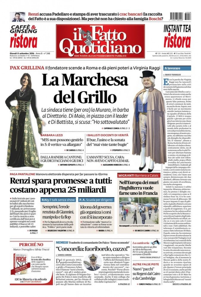 Copertina di giovedì 8 settembre 2016