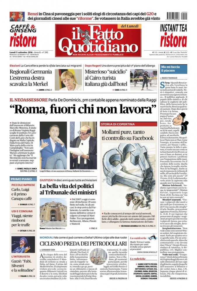 Copertina di lunedì 5 settembre 2016