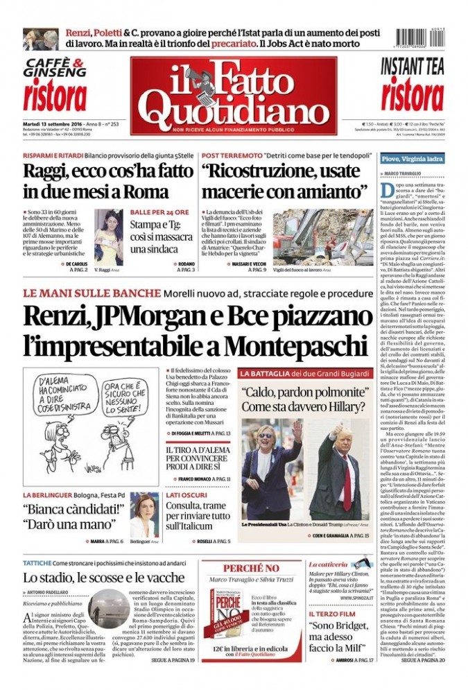 Copertina di martedì 13 settembre 2016