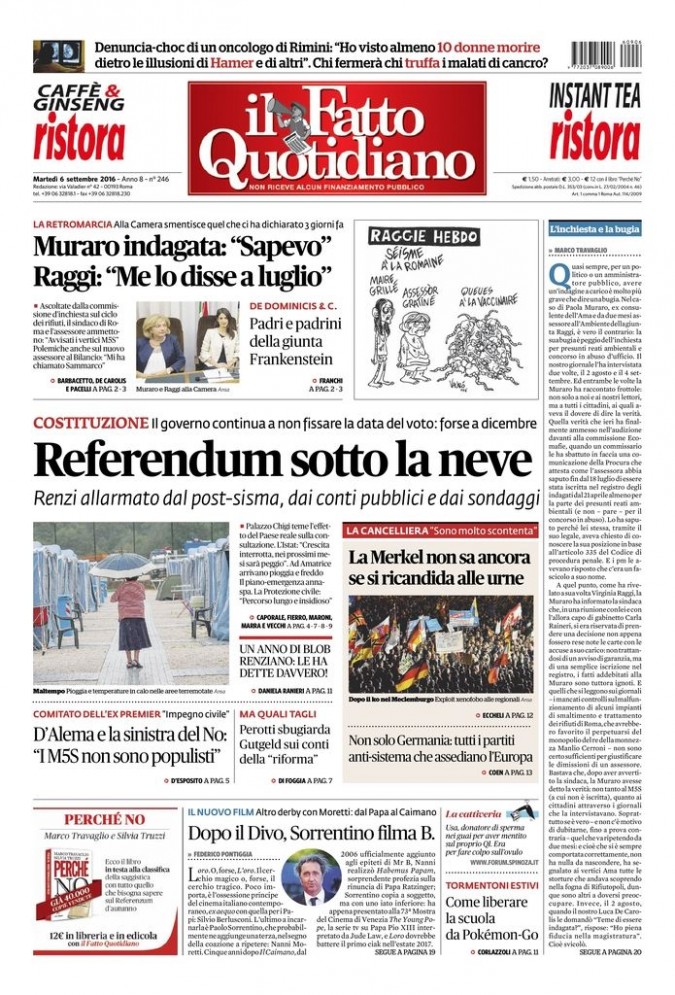 Copertina di martedì 6 settembre 2016