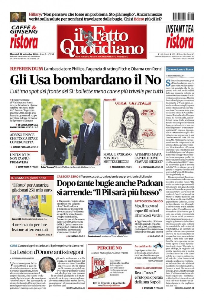 Copertina di mercoledì 14 settembre 2016