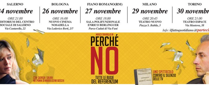 PERCHÉ NO, lo spettacolo di Marco Travaglio sul referendum costituzionale. Le date del tour