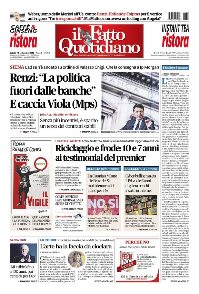 Copertina di sabato 10 settembre 2016