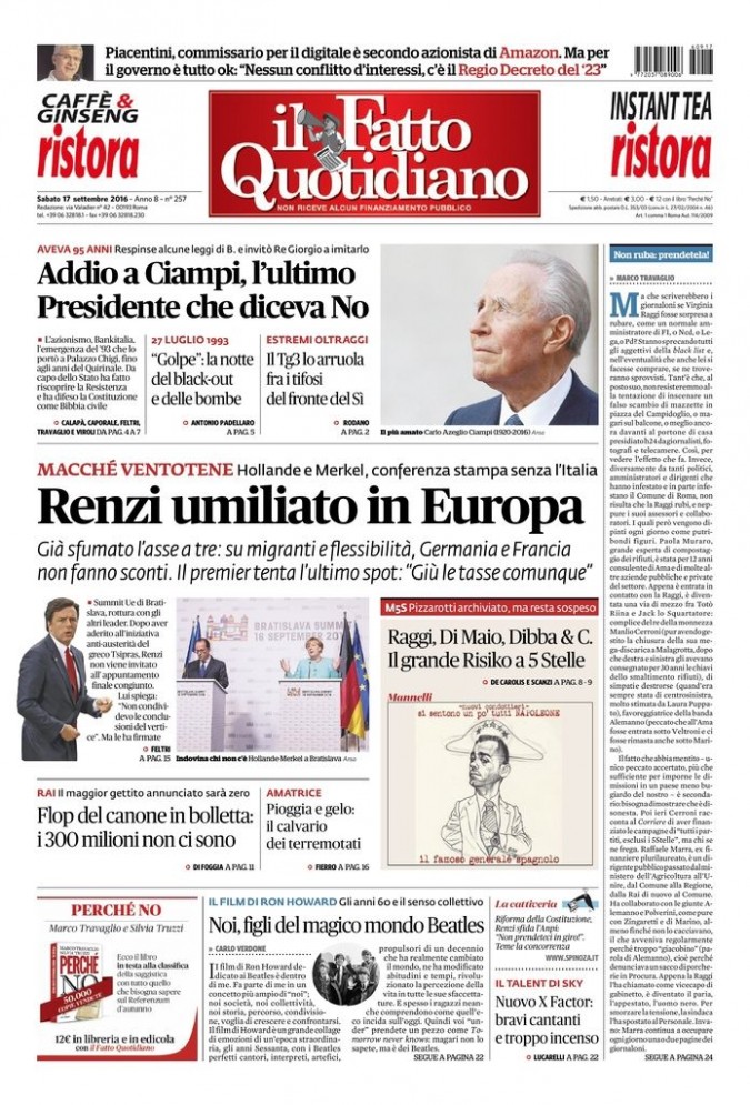 Copertina di sabato 17 settembre 2016