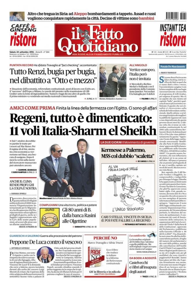 Copertina di sabato 24 settembre 2016