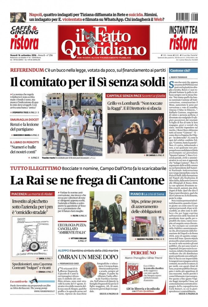 Copertina di venerdì 16 settembre 2016