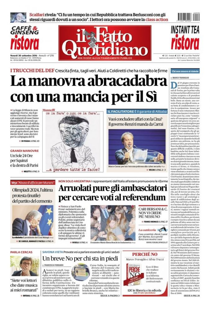 Copertina di venerdì 30 settembre 2016